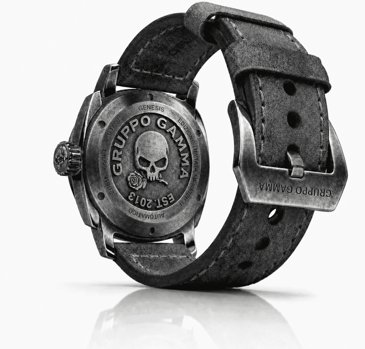 Gruppo Gamma Genesis 2026 Italian Limited Edition engraved caseback and black leather strap