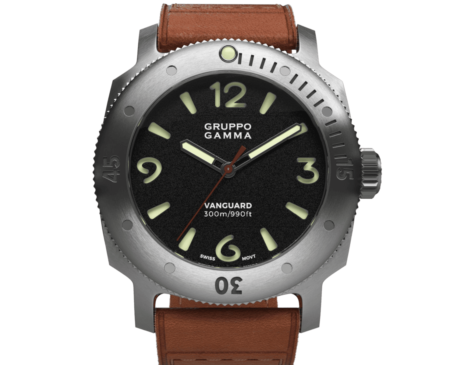 Gruppo Gamma Vanguard AG-00 with black sandwich dial, brushed-steel case and brown leather strap