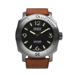 Gruppo Gamma Vanguard AG-00 with black sandwich dial, brushed-steel case and brown leather strap