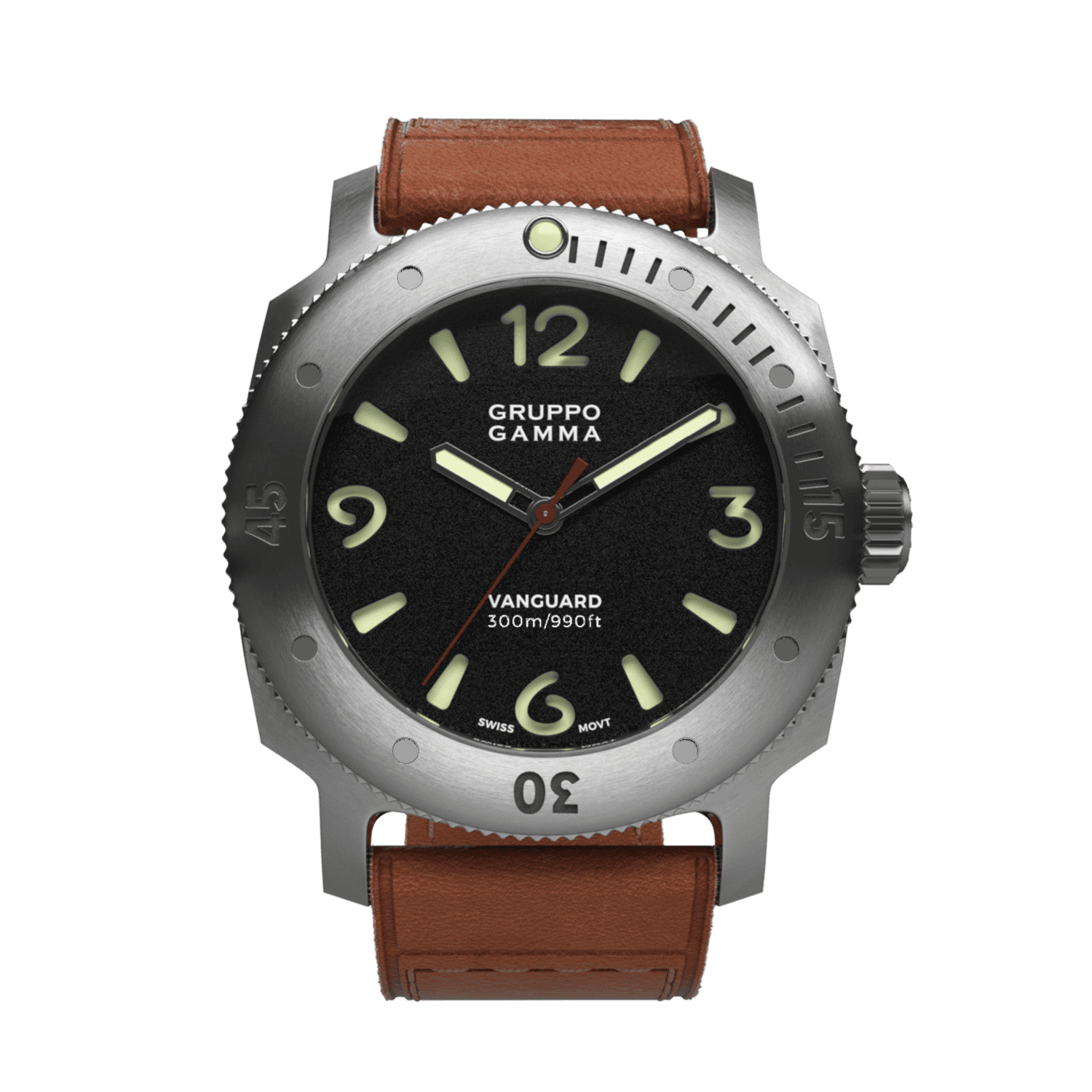 Gruppo Gamma Vanguard AG-00 with black sandwich dial, brushed-steel case and brown leather strap